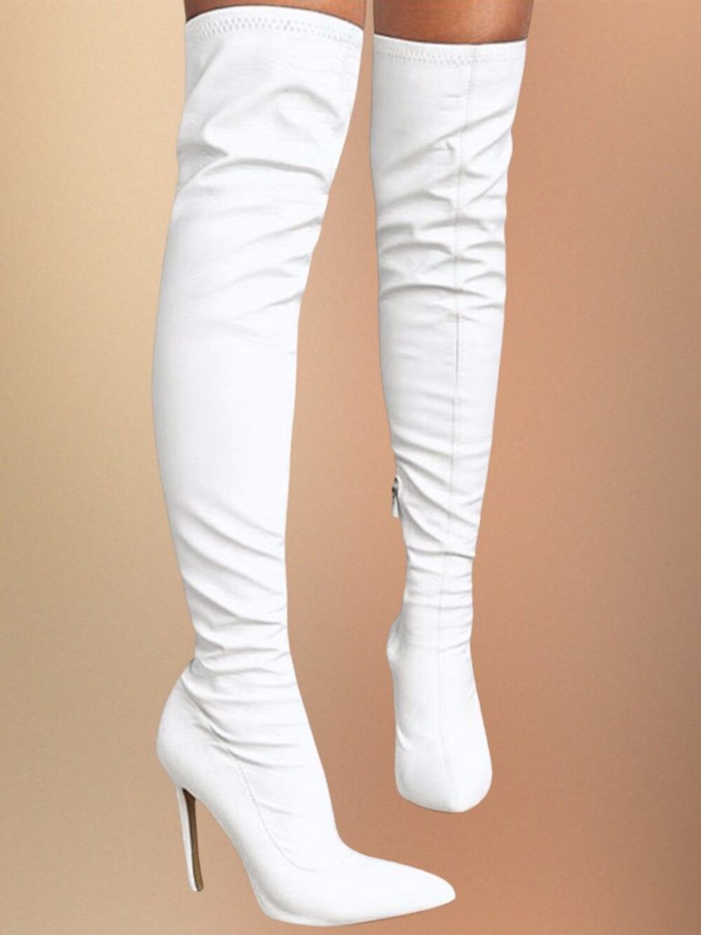 Pointed Toe Thigh-High Silhouette White PU Leather Over the Knee Stiletto Boots
